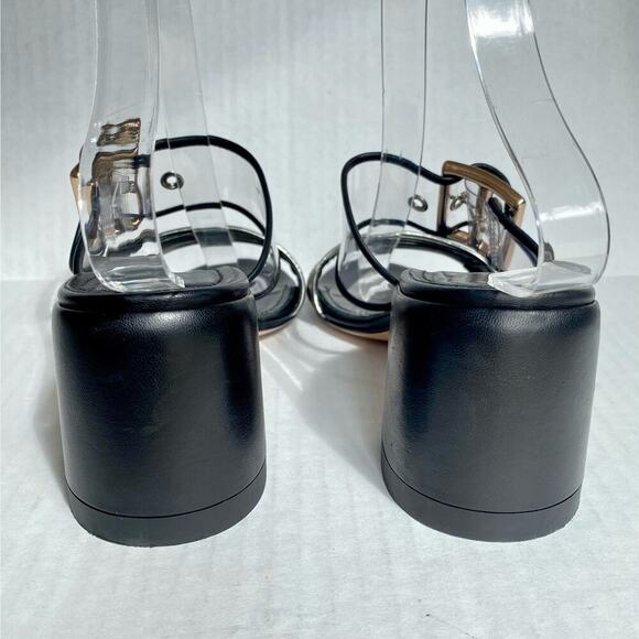 AGL Heels Mila Sandals Clear Strap Leather Black Silver Metallic Block Heel 7 37 - Picture 8 of 10